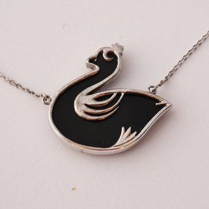 Black Onyx Swan Pendant 14K White Gold Necklace